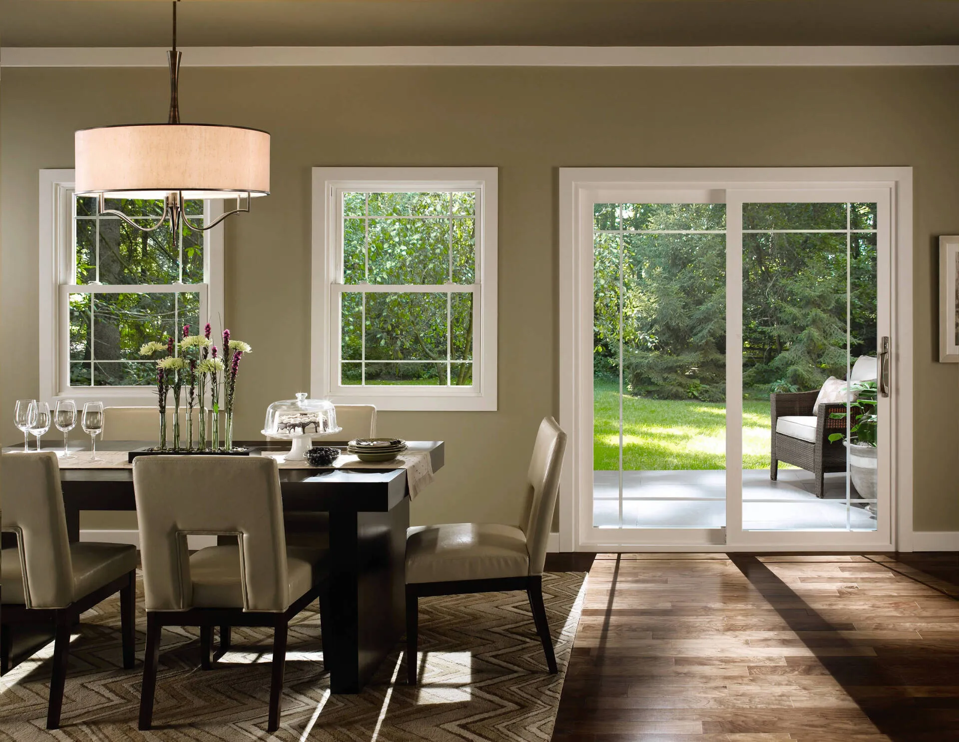 Beautiful outdoor sitting area with Vinyl Windows